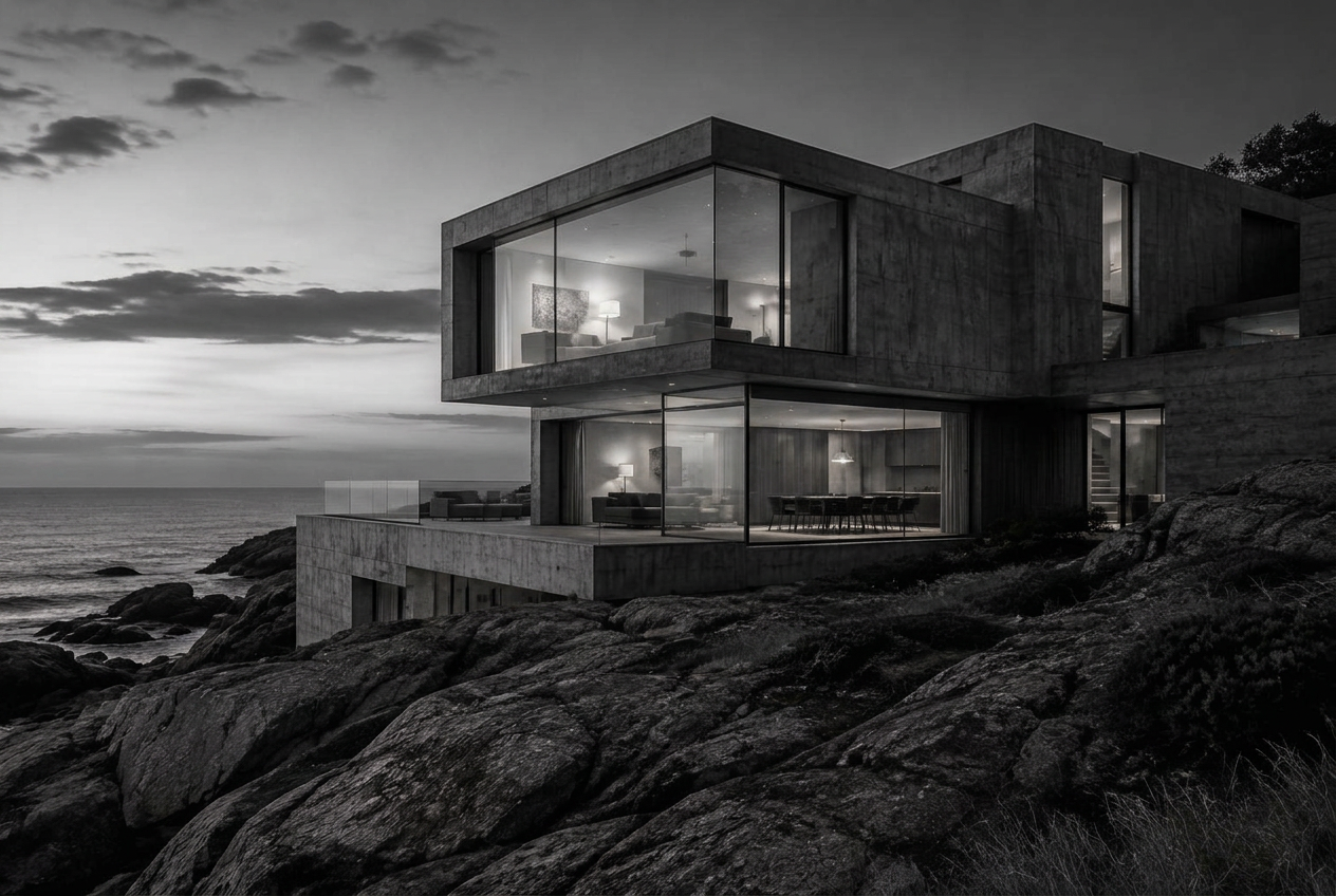 Modern concrete residence overlooking the sea