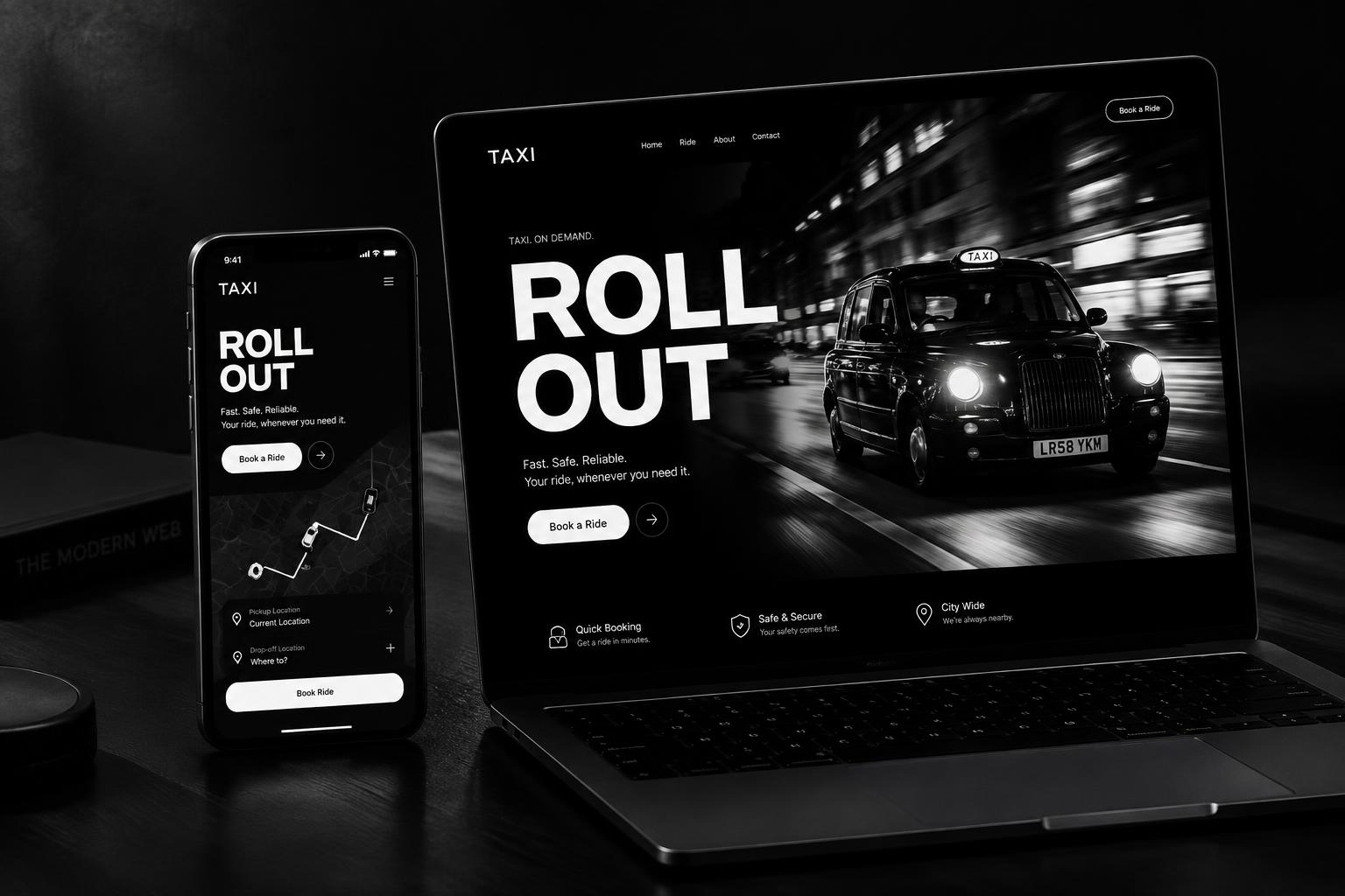 Taxi ride-hailing website and app on laptop and phone, dark monochrome